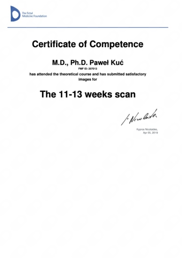 Certyfikat FMF - The 11-13 weeks scan (Fetal Medicine Foundation, Londyn)